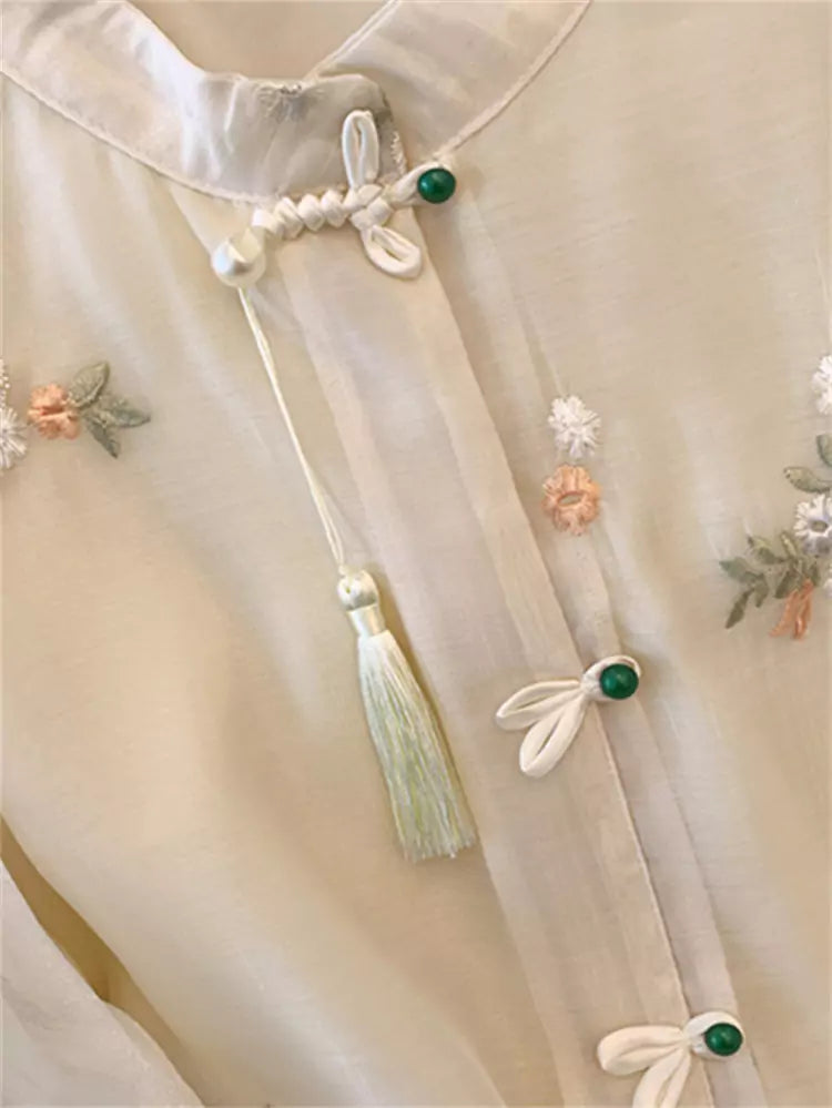 Plus Size Exquisite Embroidered Short Sleeve Chiffon Blouse with Puff Sleeves for Women