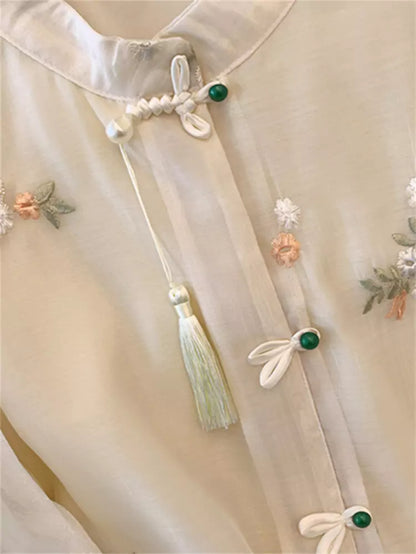 Blusa de gasa de manga corta con bordado exquisito y mangas abullonadas para mujer, talla grande