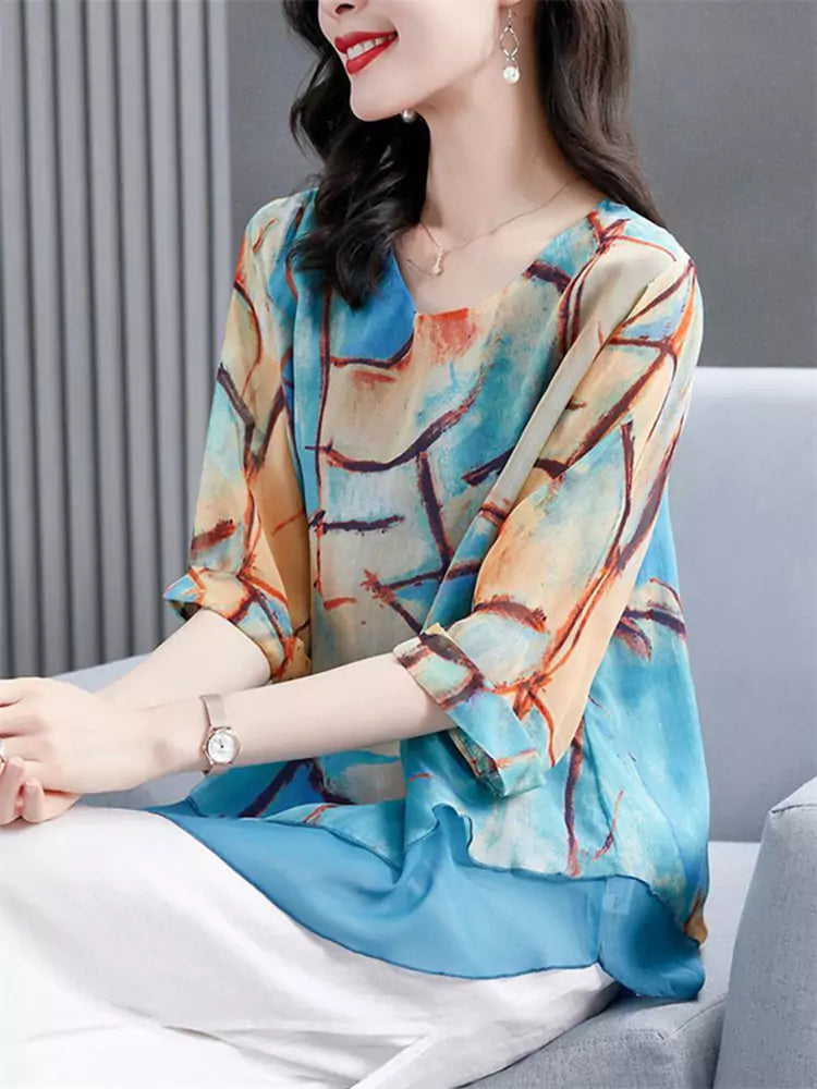 Elegant Plus Size Chiffon Printed Blouse with 3/4 Sleeves for Women