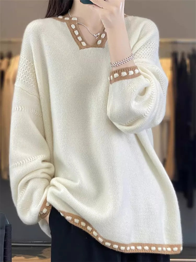 Colorblock Long Knit Sweater for Women – Cozy Oversized Mid-Length Pullover