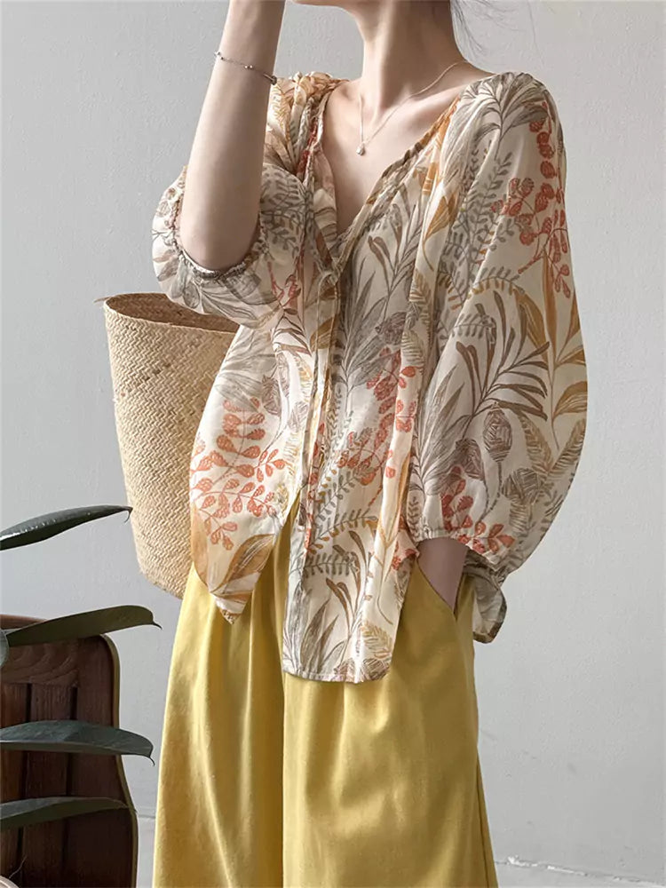 French Style V-Neck Tie-Front Floral Chiffon Blouse for Women – Loose Fit with Three-Quarter Sleeves
