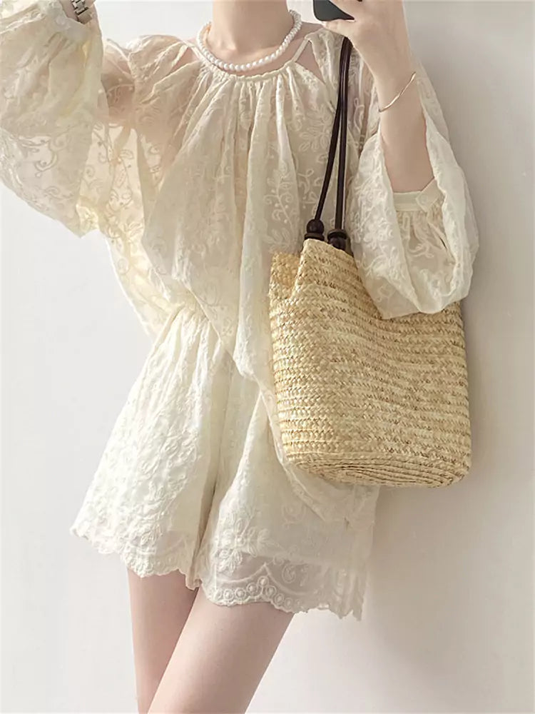 Conjunto de dos piezas de encaje blanco bordado estilo francés para mujer