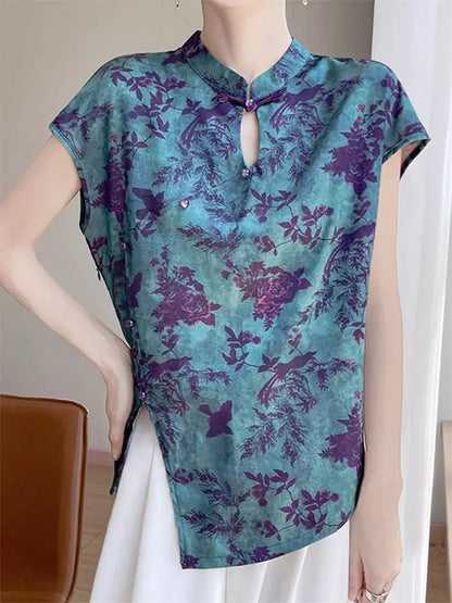 Vintage Chinese Style Jacquard Satin Short Sleeve Loose Blouse for Women