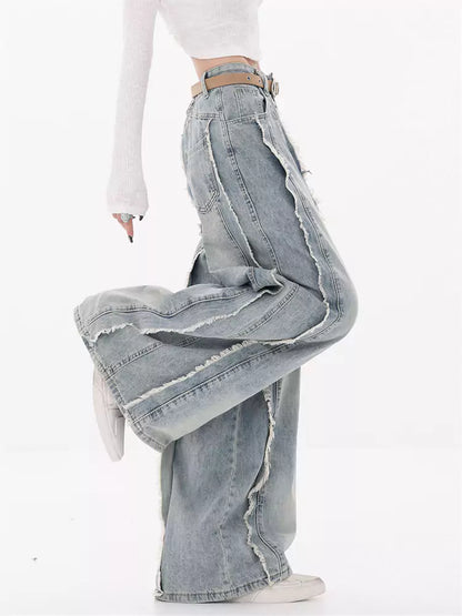 Pantalones vaqueros anchos con dobladillo sin rematar para mujer: pantalones holgados de pierna recta