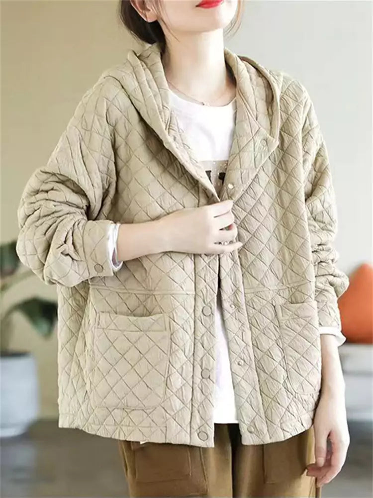 Orangefarbene, wattierte Baumwolljacke mit Kapuze für Damen