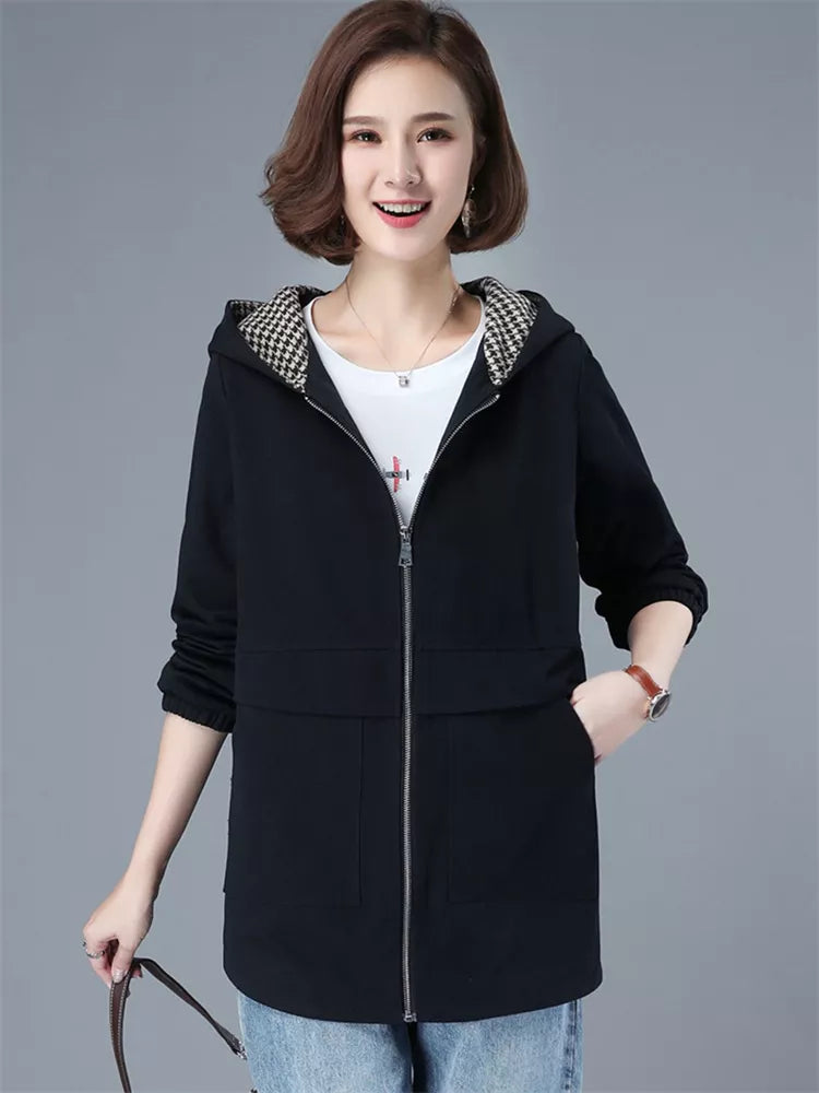 Grüner Baumwoll-Trenchcoat mit Kapuze für Damen