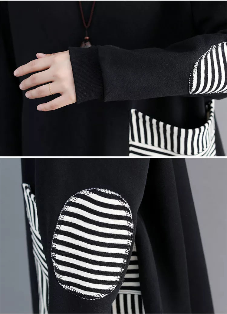 Vestido tipo sudadera holgado negro para mujer con bolsillos grandes