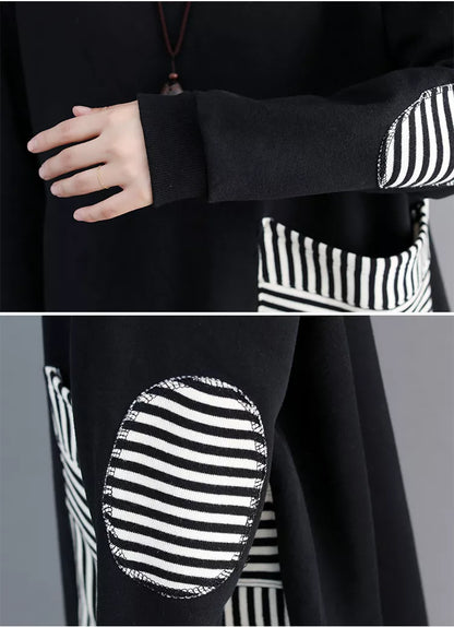 Vestido tipo sudadera holgado negro para mujer con bolsillos grandes