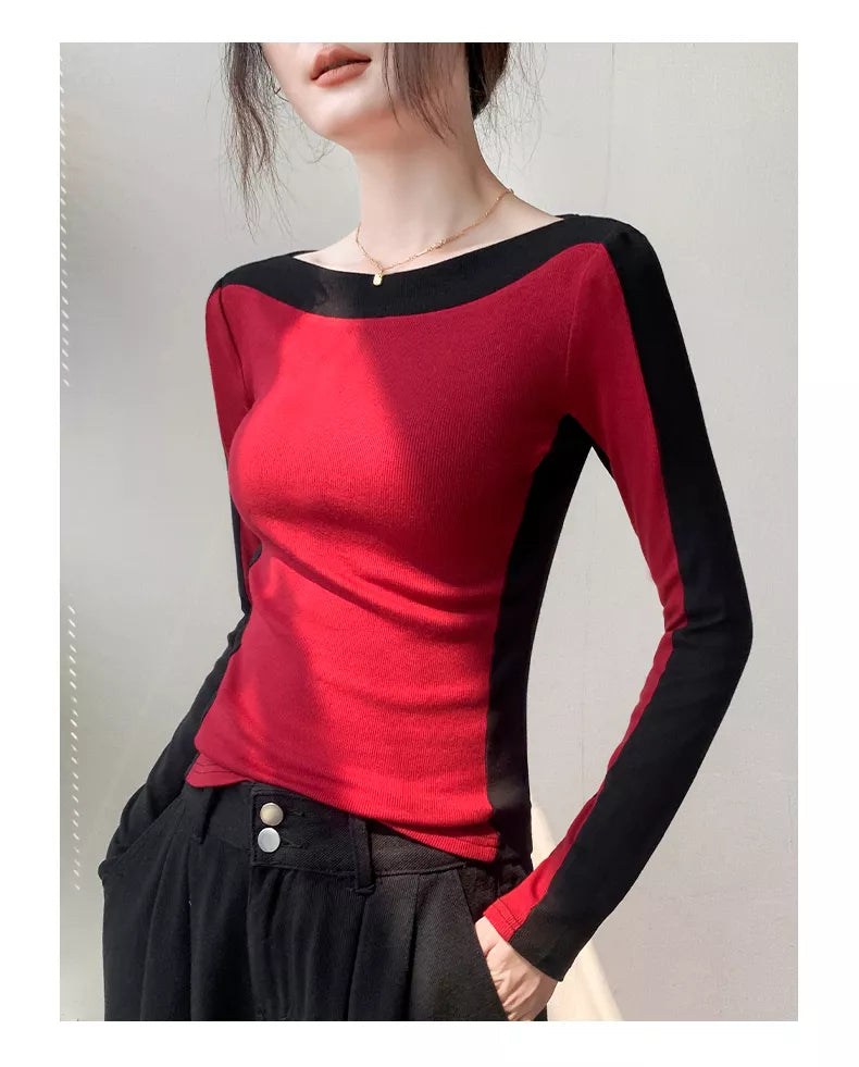 Top ajustado de manga larga con cuello oblicuo y bloques de color para mujer