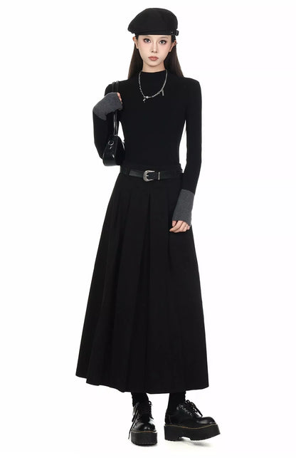 Vintage Black Mock Neck Patchwork Knit Sweater for Women