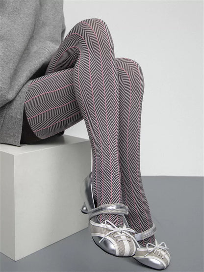 Strumpfhose aus Baumwollstrick mit Fischgrätmuster für Damen, Herbst/Winter