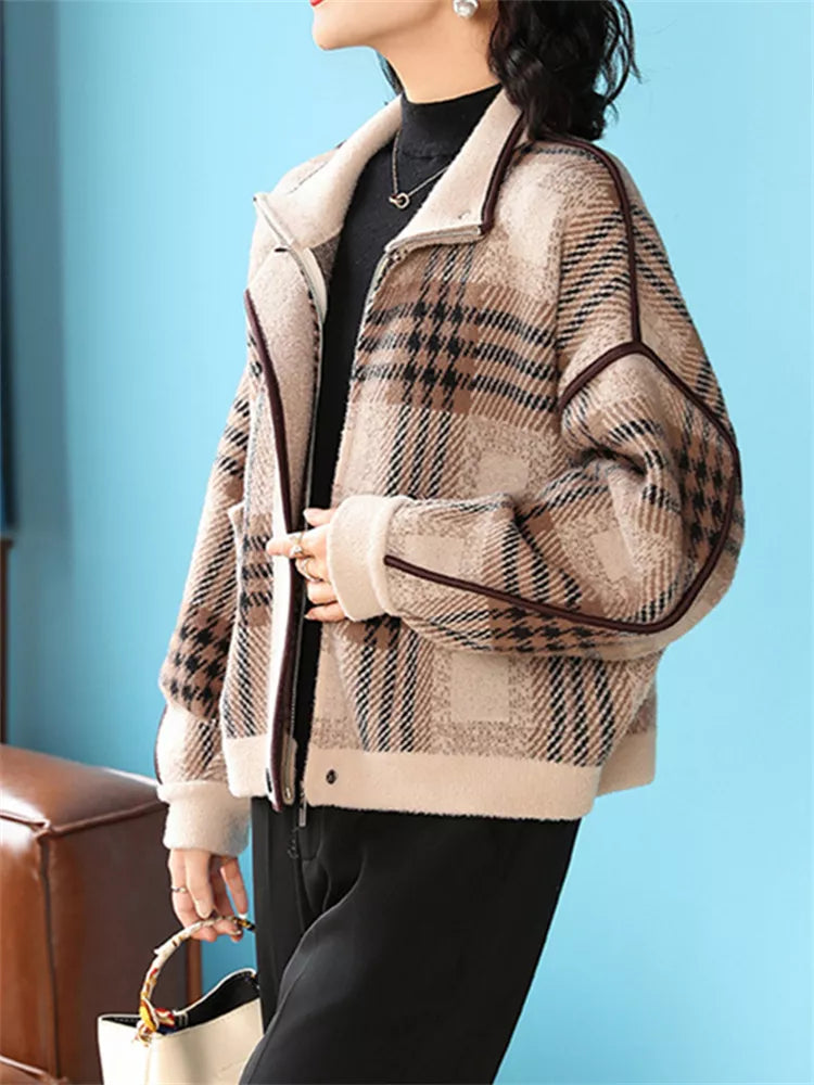 Plaid Fleece-Lined Zip-Up Jacket for Women