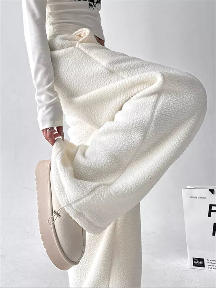 Pantalones anchos de sherpa sintética para mujer - Pantalones deportivos holgados y acogedores de felpa de peluche