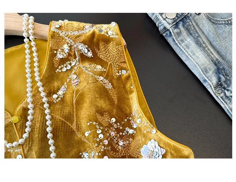 New Chinese Style Gold Velvet Sequin Embroidered Vest with Faux Feather Trim