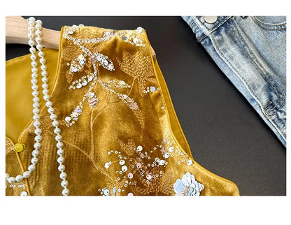 New Chinese Style Gold Velvet Sequin Embroidered Vest with Faux Feather Trim