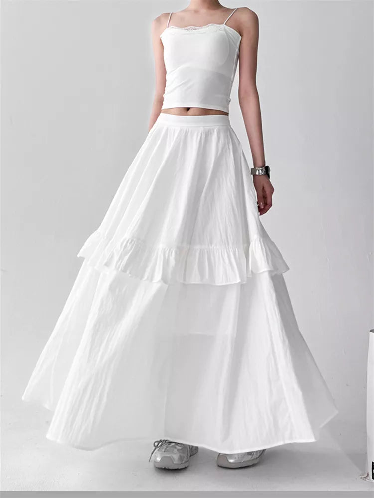 Women's White High-Waisted Tiered Ruffle Maxi Skirt Boho A-Line Long Cake Skirt