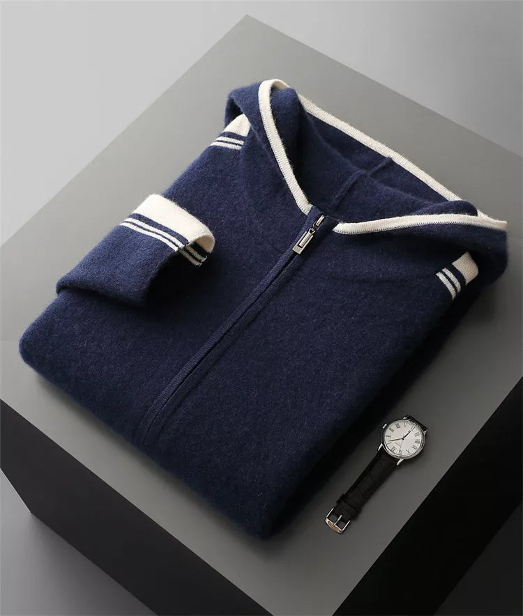 Men's Premium Pure Wool Knitted Tracksuit Set 2-Piece Striped Zip-Up Hoodie & Joggers