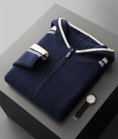 Men's Premium Pure Wool Knitted Tracksuit Set 2-Piece Striped Zip-Up Hoodie & Joggers