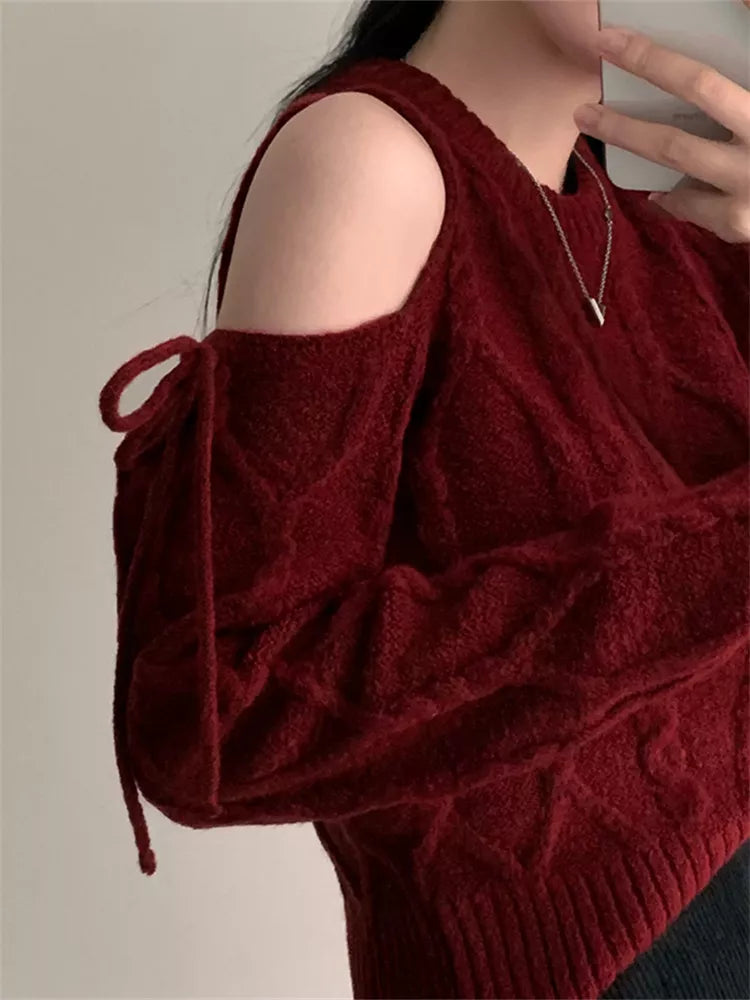 Women's Vintage Burgundy Cold Shoulder Cable Knit Sweater Ribbon Lace-Up Sleeve