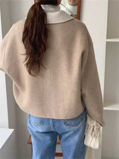 Women's Vintage Grey Woolen Short Jacket with Contrast Cream Collar