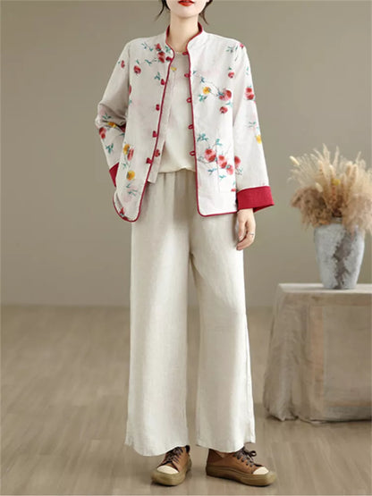 Women's Reversible New Chinese Style Pomegranate Floral Frog Button Stand Collar Coat