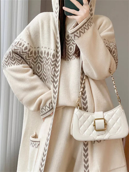 Women's Beige Geometric Jacquard Hooded Long Cardigan