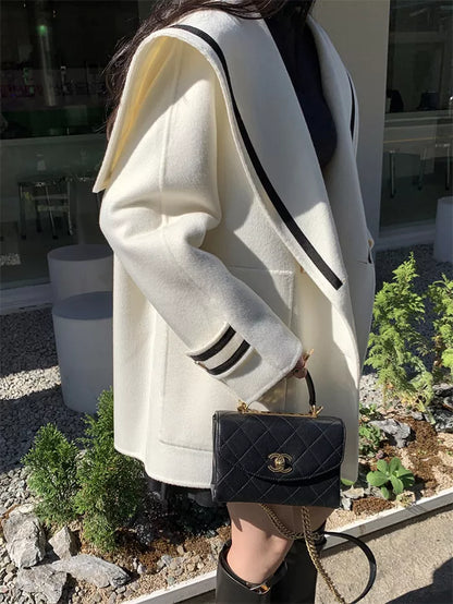 Women's French Vintage White Sailor Collar Coat Double Breasted Faux Cashmere Wool Jacket Preppy Loose Outerwear
