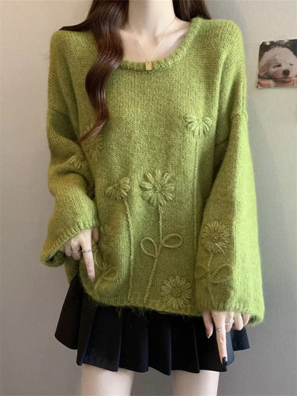 Women's Korean Chic Lime Green Floral Jacquard Knit Sweater Oversized Soft Pullover Winter Top