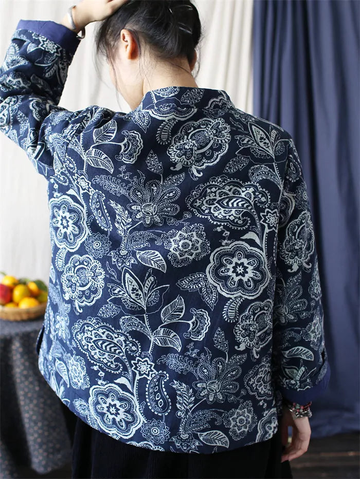 Women's Vintage Chinese Style Blue Floral Padded Jacket Cotton Linen Frog Button Short Coat