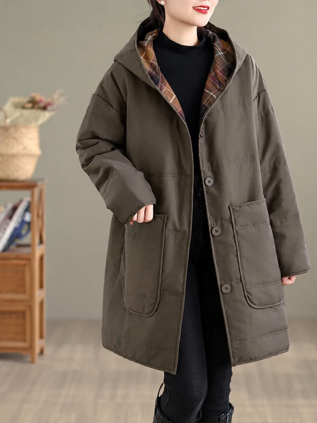 Hooded Quilted Padded Coat with Patch Pockets