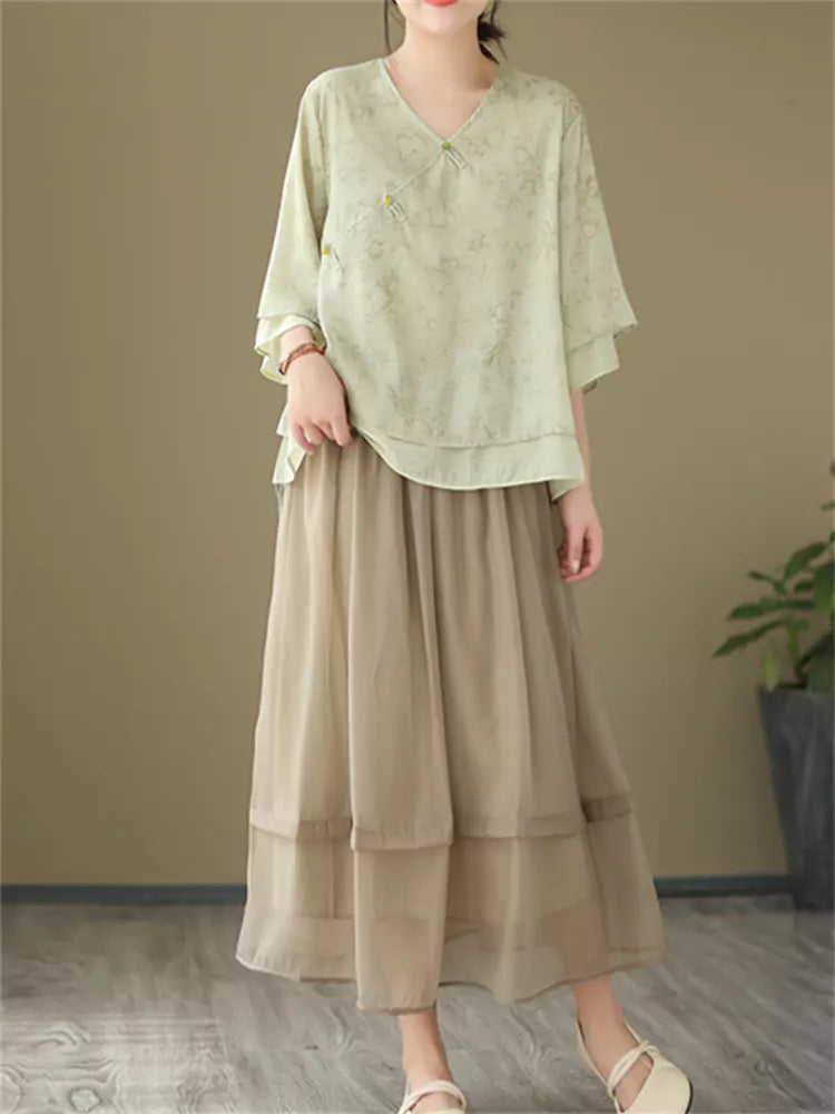 New Chinese Style Cotton Linen V-Neck Shirt with Oblique Placket & Knot Buttons