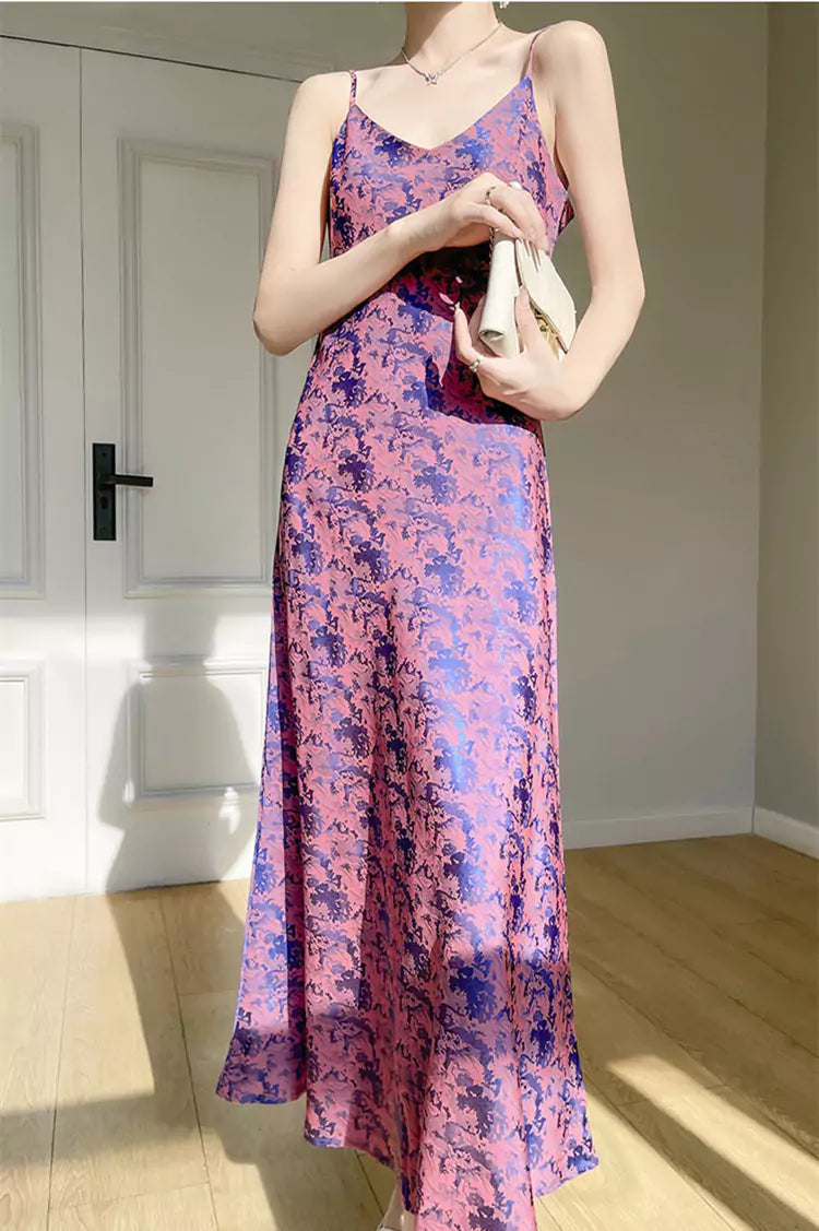 Elegant Blue Silk Slip Dress with Oriental Jacquard and A-Line Silhouette