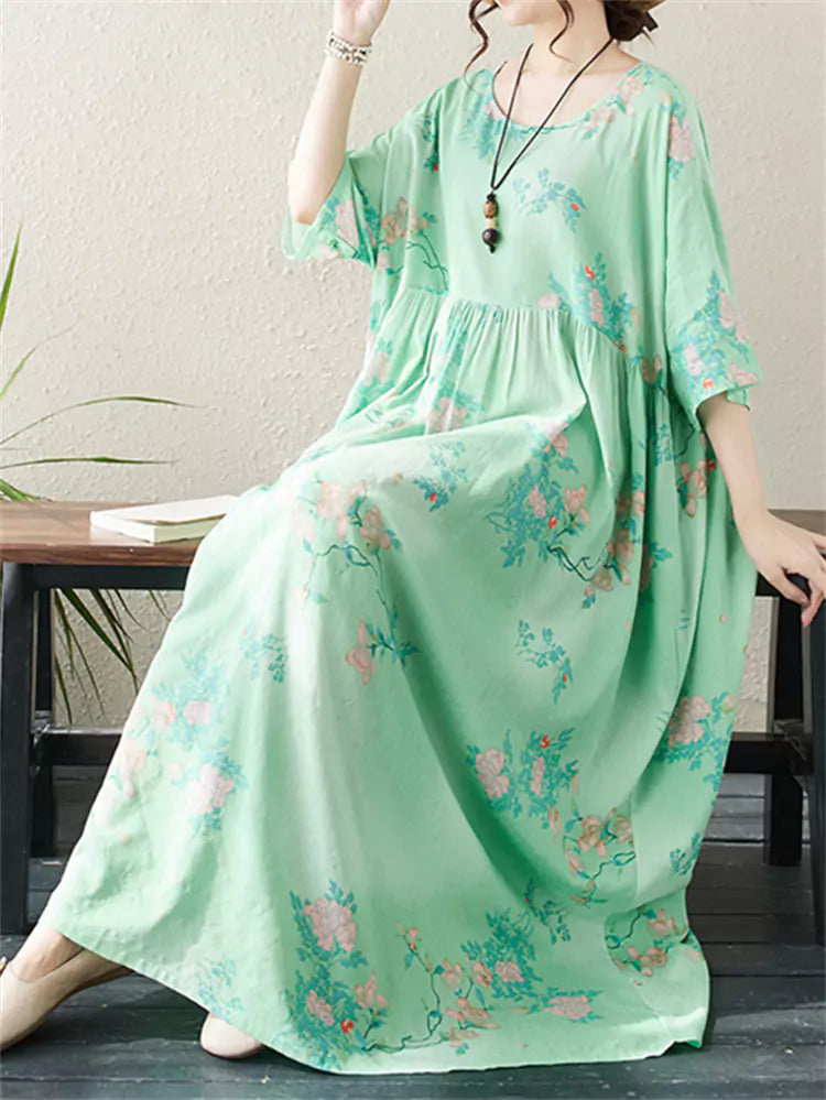 Bohemian Vacation Style Cotton Linen Maxi Dress Short Sleeve