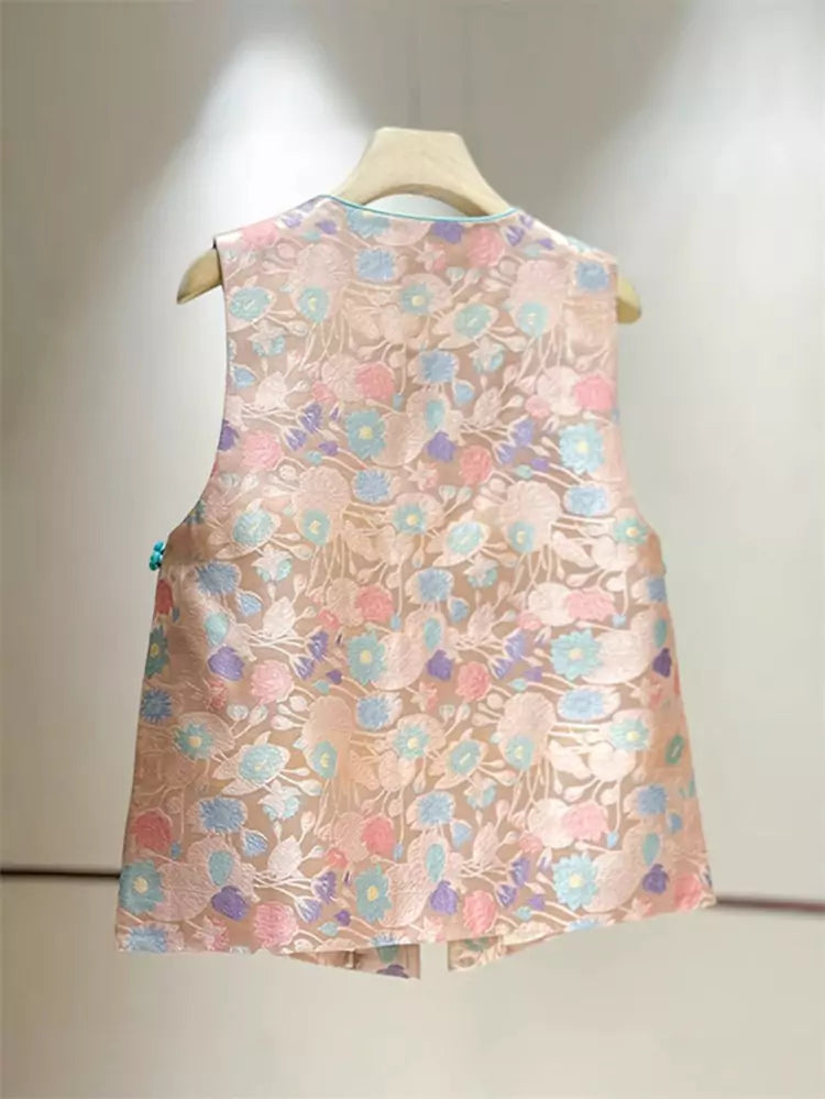 Pink Brocade Vest for Women – New Chinese Style Sleeveless Jacket
