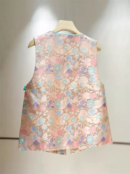 Rosa Brokatweste für Damen – Ärmellose Jacke im neuen chinesischen Stil