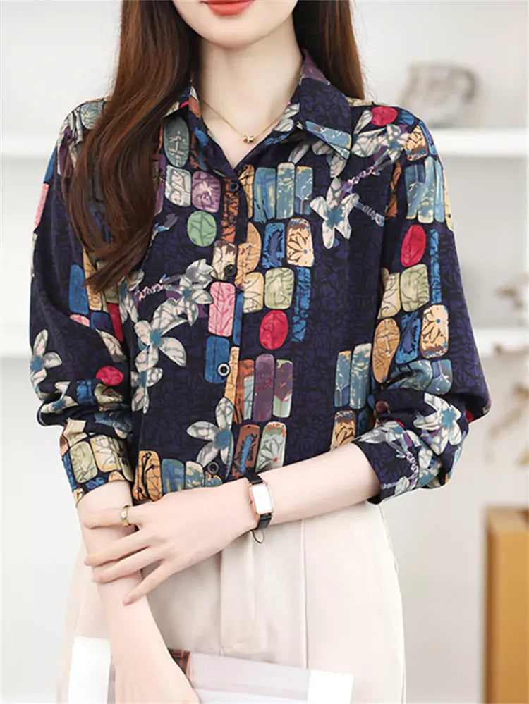 Fashion Printed Loose Fit Chiffon Blouse for Women  with Slimming Casual Style
