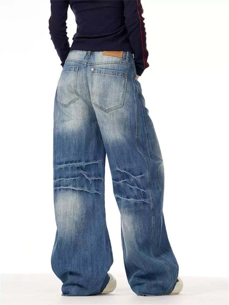 Vintage-Jeans mit gewaschenem, weitem Bein und Blitzmuster für Damen