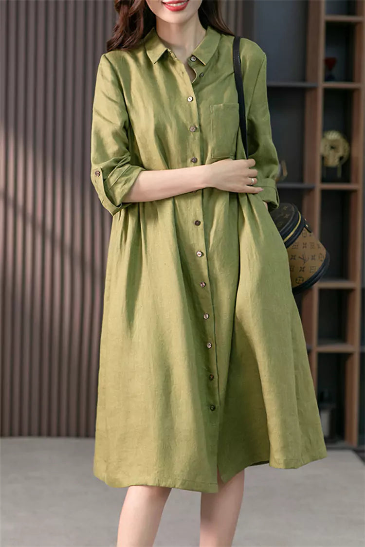 Elegant French-Style Pink Cotton Linen Shirt Dress