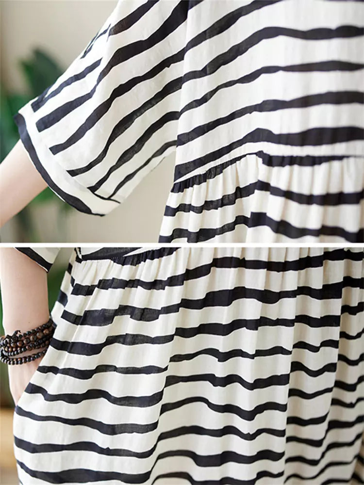 Plus Size Bohemian Striped Cotton Linen Maxi Dress for Women