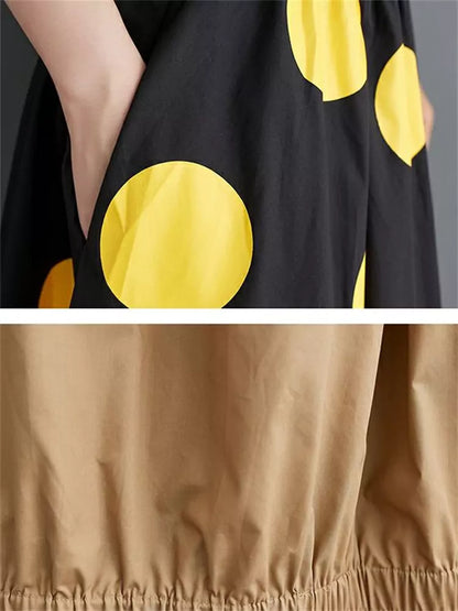 Locker geschnittener, einzigartiger gelber Patchwork-Blasenrock mit Polka-Dot-Print