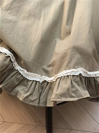 Mori Style Vintage Cotton Ruffle Hem Wide-Leg Cropped Pants for Women