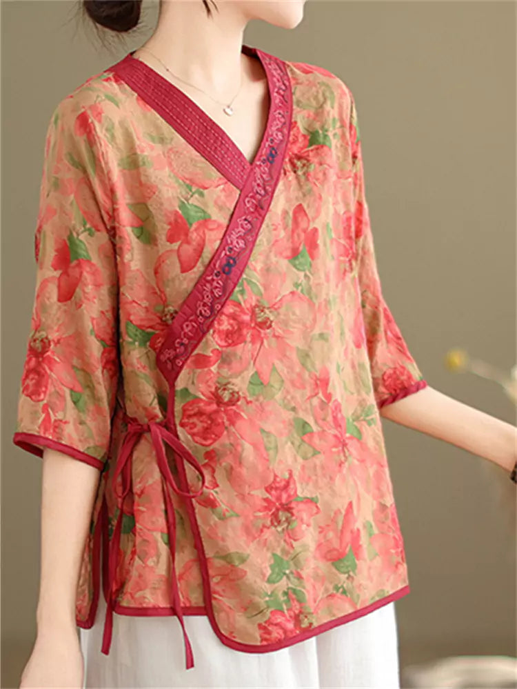 Vintage Blue Floral Print Blouse with Side Closure & Asymmetrical Collar