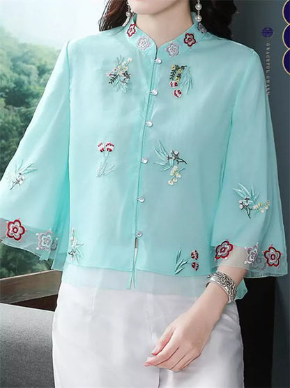 Vintage-Bluse mit Stickerei, Stehkragen und Knopfleiste für Damen