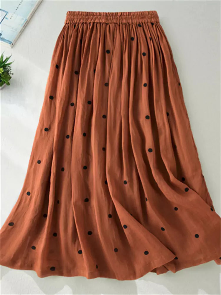 High-Waisted Double-Layer Ramie & Linen A-Line Polka Dot Maxi Skirt for Women