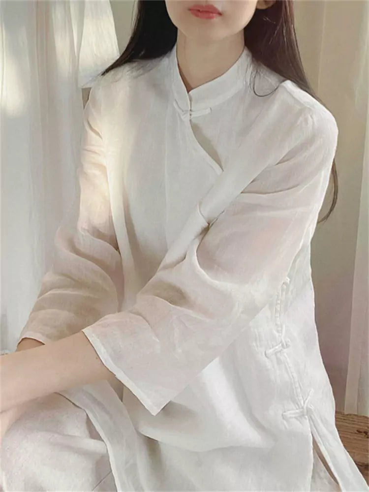 New Chinese Style Diagonal Placket Linen Blouse for Women