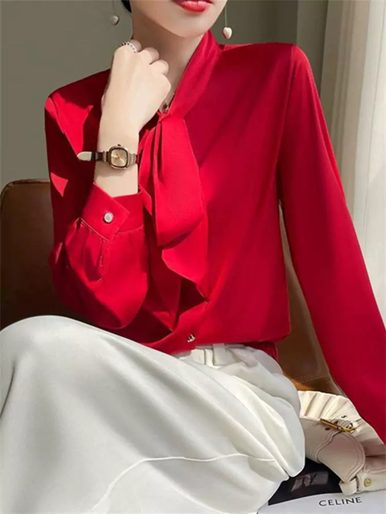 Gelbe Satinbluse mit Schleife für Damen – Sommerbluse aus Acetat mit elegantem Schaldetail