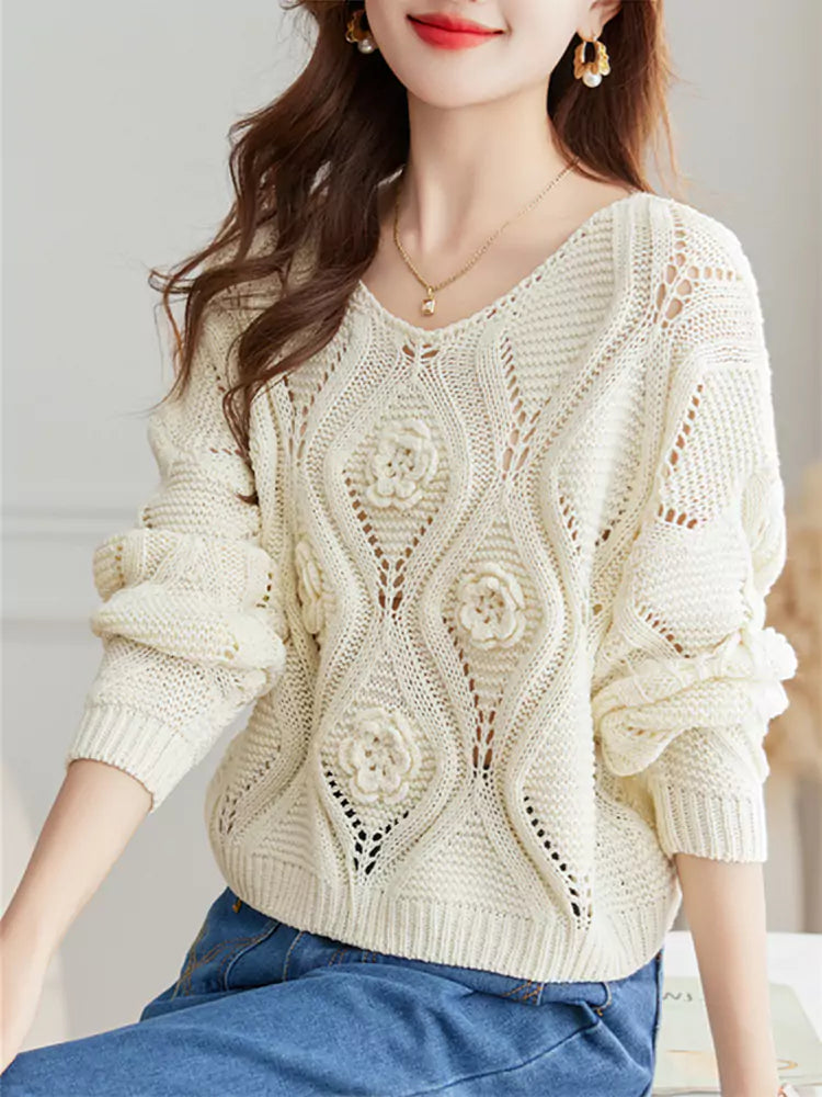 Elegant Cropped Knit Sweater with Hollow-Out Design Women
