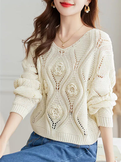 Suéter de punto corto elegante con diseño calado para mujer