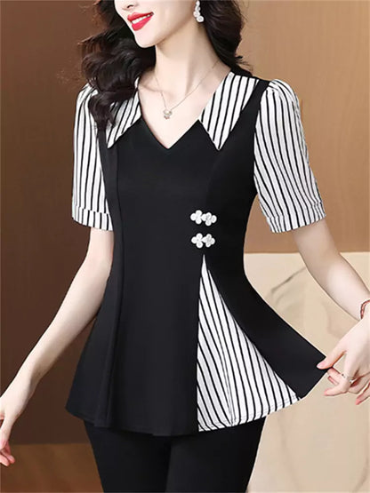 Kurzarm-Streifen-Patchwork-Shirt in Übergröße für Damen