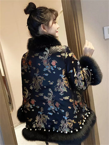 Chinesischer bestickter Cape-Mantel aus Kunstpelz für Damen